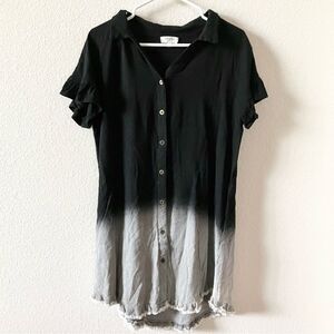 Umgee Black Gray Ombré Bohemian Grungy Festival Linen Blend Mini Shirt Dress S